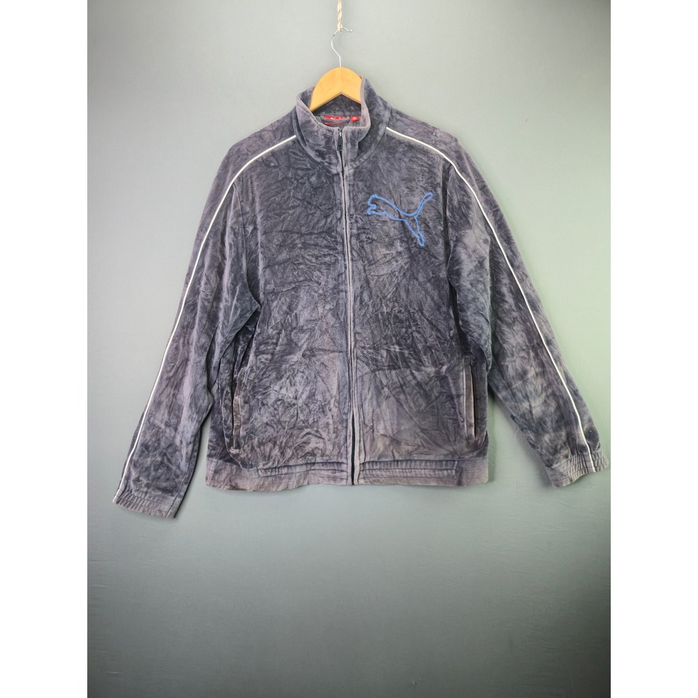 Puma Track Jacket Velour Full Zip Mock Neck XL Grey Blue Vintage Y2K Sportswear